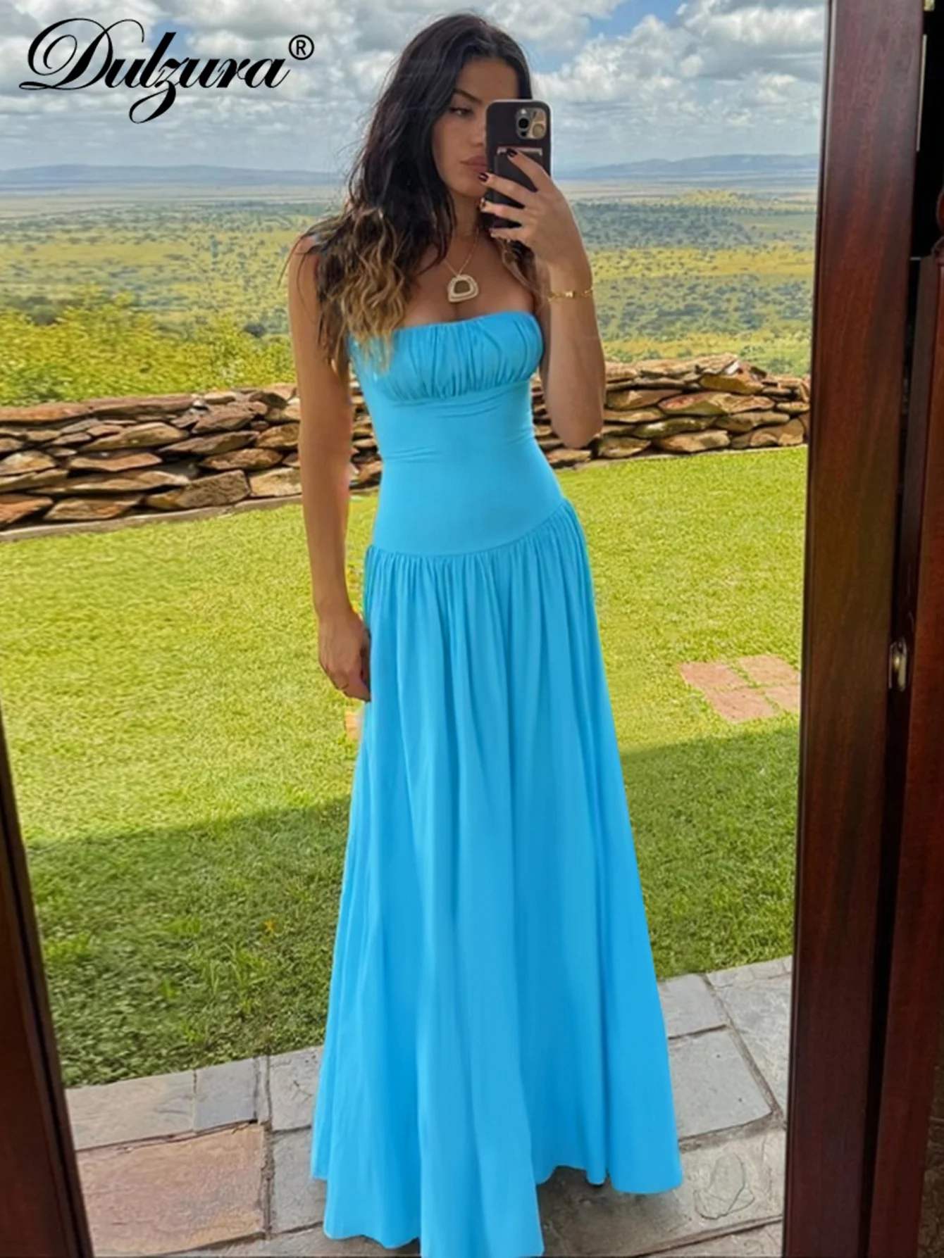 فستان طويل للسيدات من Dulzura بدون أكمام وظهر مكشوف وطيات فستان طويل مثير وأنيق للحفلات والنوادي والشارع ملابس صيفية