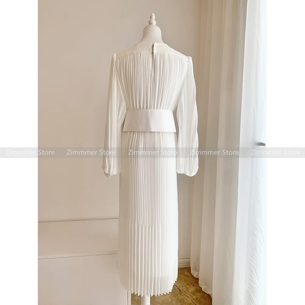 Australia niche white super fairy pleated wide belt waisted temperament elegant thin dress mid-length dress female