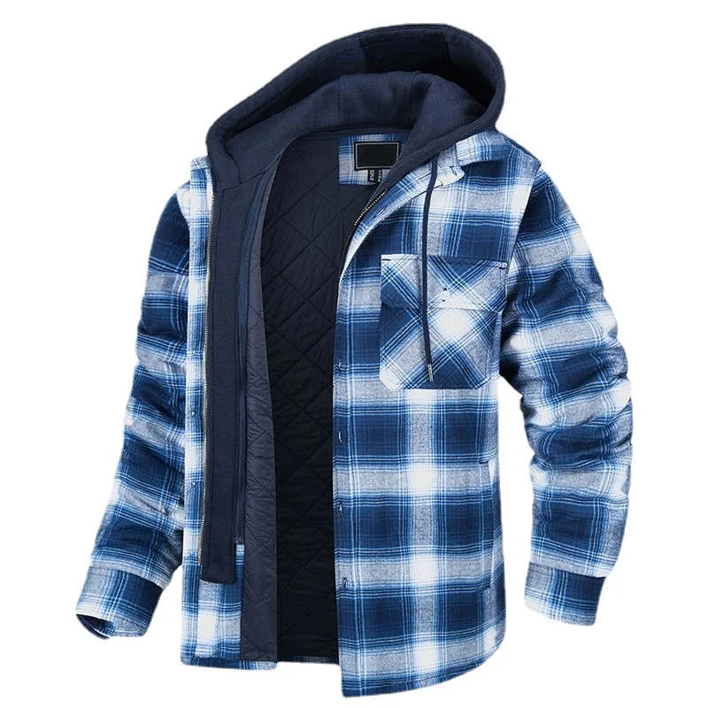 Men\'s Winter Flannel Cotton Shirt Warm Jacket With Hood Long Sleeve Quilted Lined Plaid Button Down Thick Hoodie Outwear Coats