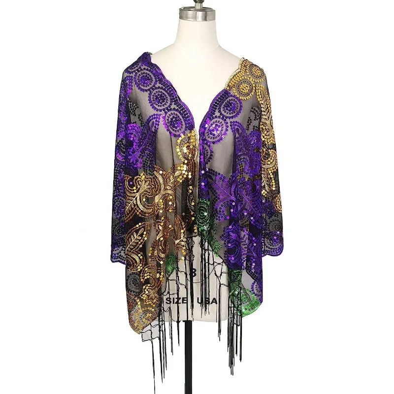 Women Men Scarves Purple Gold Green Sequin Shawl Fashion Apparel Accessories PGG Poncho Mardi Gras Scarf For Carnival Holidays