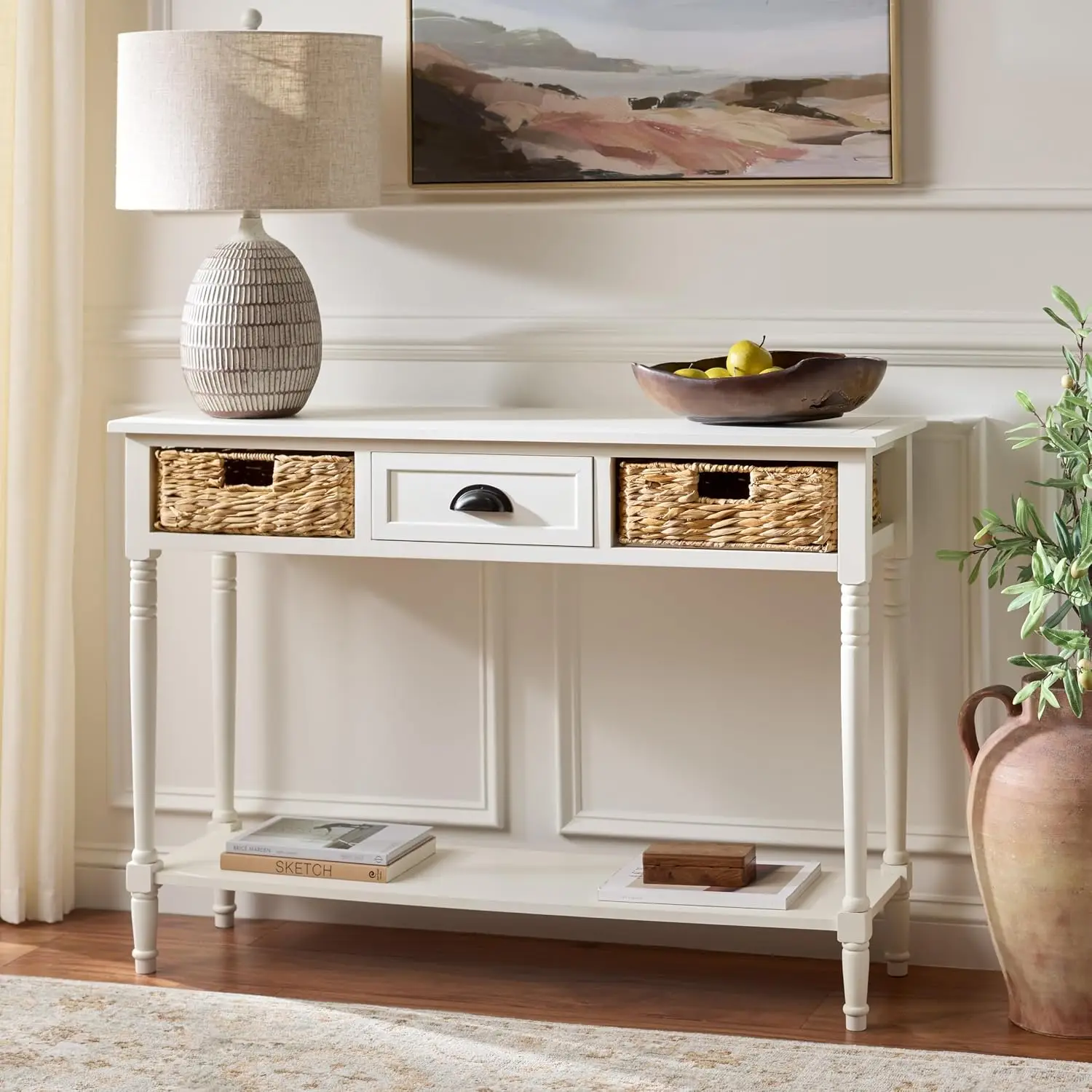 Ivory Console Table 3-Drawer Storage Natural Basket Coastal Entryway, Customized