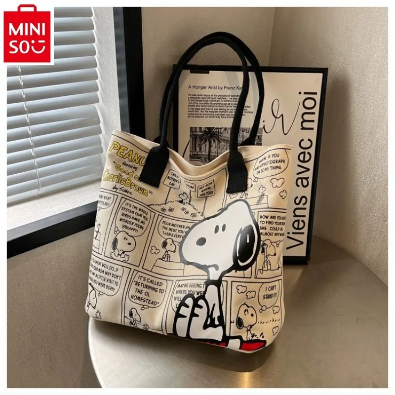 MINISO Large Capacity Canvas Bag 2024 New Cartoon Snoopy Handbag Versatile One Shoulder Tote Bag