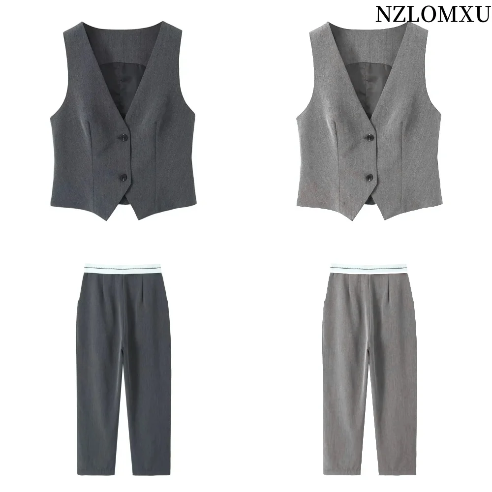 2024 Spring Elegant Office Wide Pants Women Sets Sleeveless V Neck Slim Vest Female Crop Top Suits