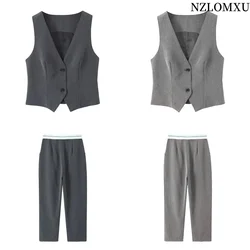 2024 Spring Elegant Office Wide Pants Women Sets Sleeveless V Neck Slim Vest Female Crop Top Suits