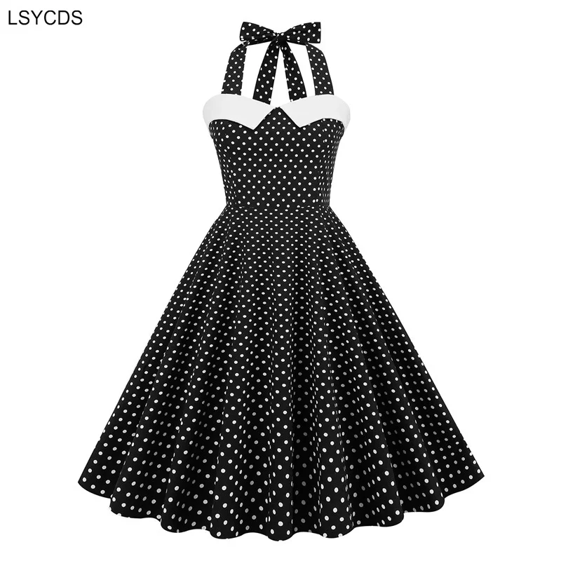 LSYCDS Sexy Halter Evening Vintage Party Summer Cotton Dresses for Women 2024 Polka Dot Fit and Flare Backless Swing Dress New