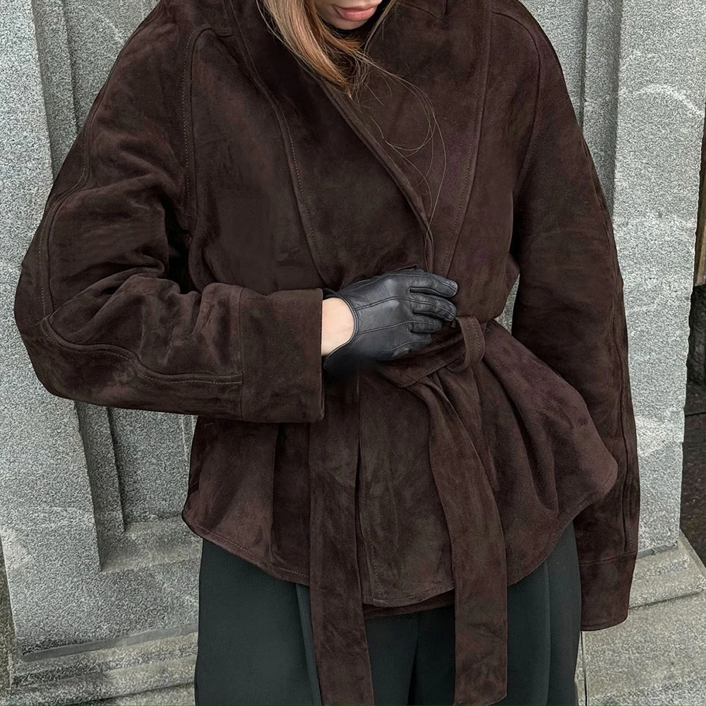 

Замшевая куртка с длинными рукавами в стиле ретро, осенне-зимняя женская повседневная верхняя одежда, элегантное модное пальто с матовым дизайном