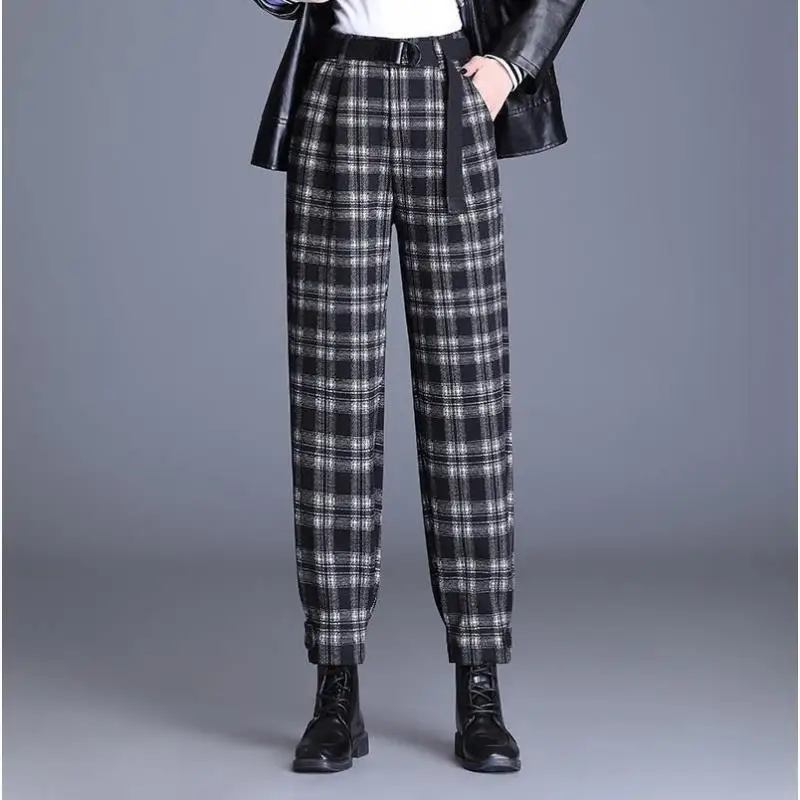 Autumn Winter Women Woolen Plaid Pants Pocket Elastic High Waist Korean Fashion Casual Foot Binding Haren Ankle Length Trousers