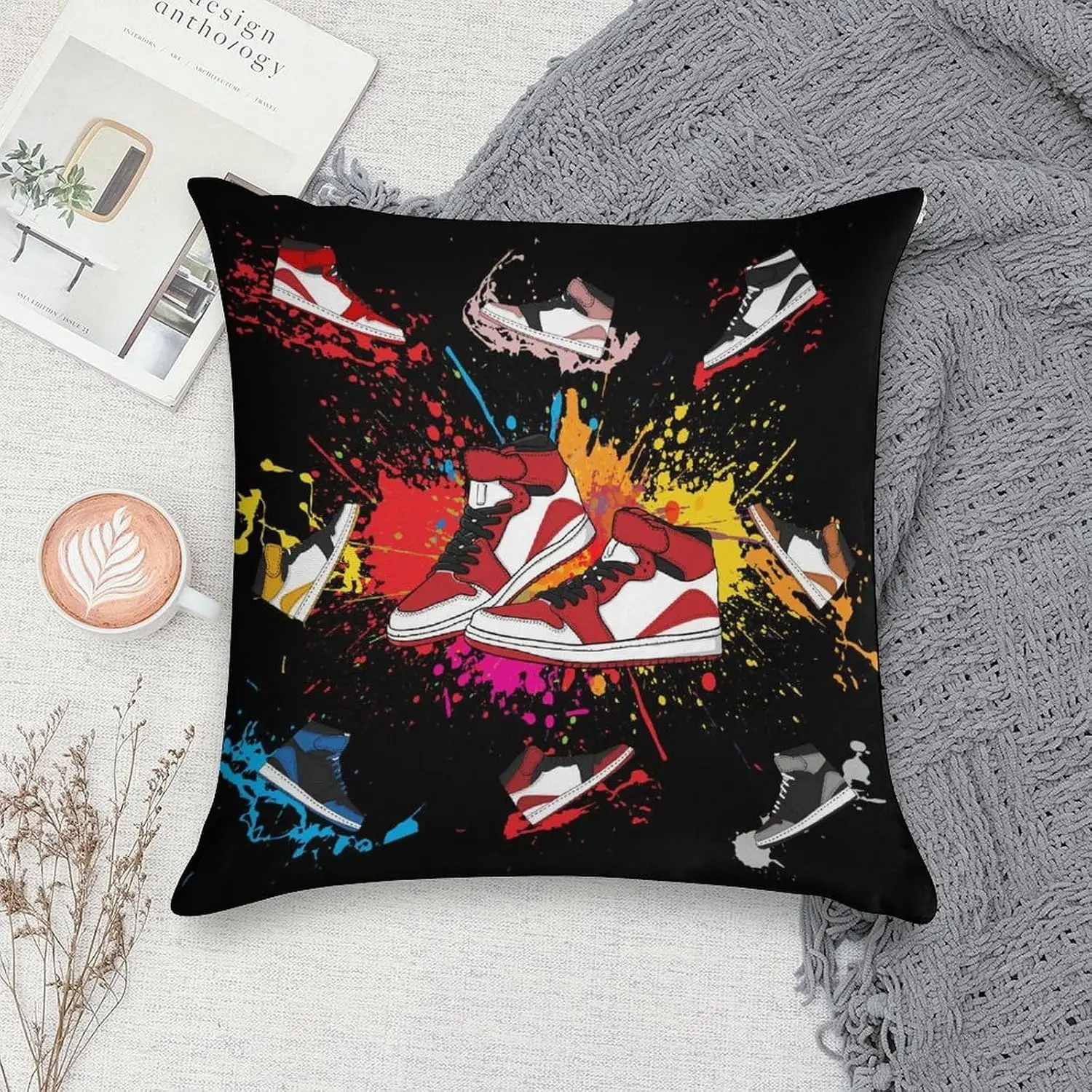 Stylish Sneakers Art Graffiti Pillow Cover Cushion Decor 18x18 Inch Hip Hop Shoe Print Throw Home Accent autumn decoration