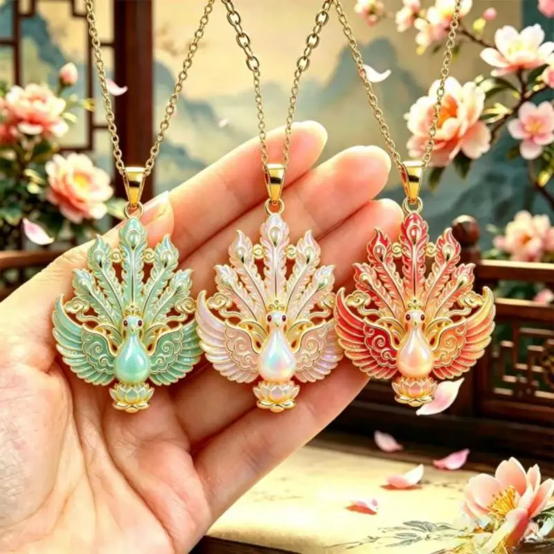 Gold Plated Enamel Phoenix Pendant Necklace Delicate Craft Glossy Accent For Daily Wear Special Occasions Jewelry Gift For Wome