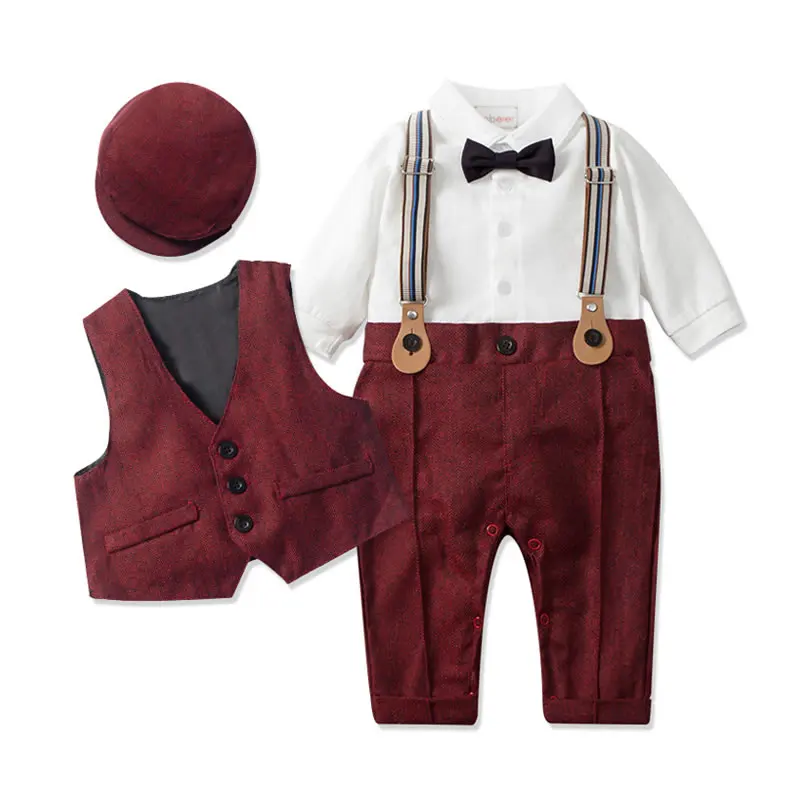 

Fall Winter Infant Jumpsuit Set Clothes Gentleman Newborn Baby Boy Vest+Bow Tie Romper+Hat 3pcs Outfit Sling Tracksuit Clothes