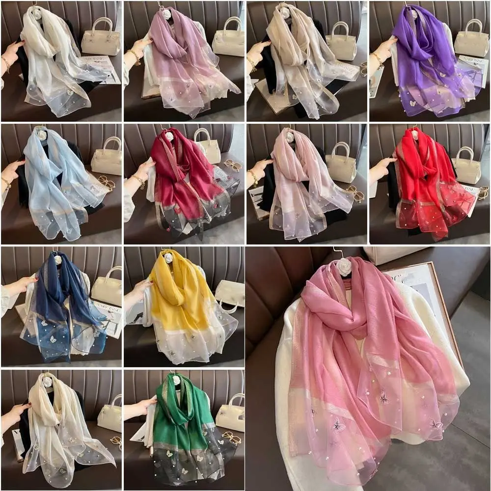 Women Fashion Butterfly Embroidered Scarf Plain Solid Silk Linen Shawls Scarves Summer Lady Bandanas Foulard Hijab