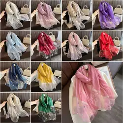 Women Fashion Butterfly Embroidered Scarf Plain Solid Silk Linen Shawls Scarves Summer Lady Bandanas Foulard Hijab