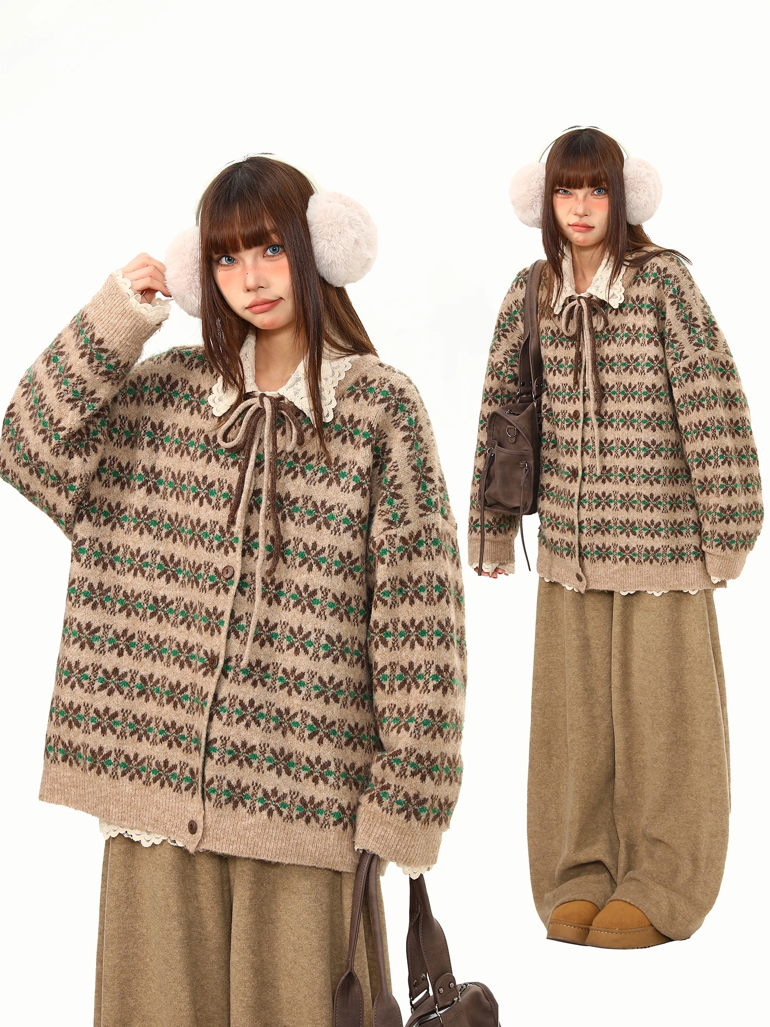 

Wild Azi Women's Knitted Sweater Cardigan Street Sle Loose Fit Autumn Winter Floral Print Lazy Aosphere Japanese Sle Coat