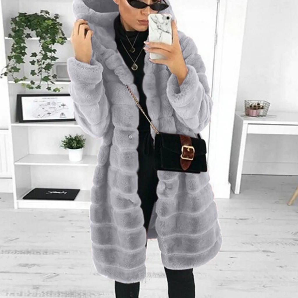 2024 Autumn Winter Women Faux Fur Coat Casual Thick Warm Faux Mink Fur Collar Slim Solid Color Outwear Long Jackets 4xl Femme