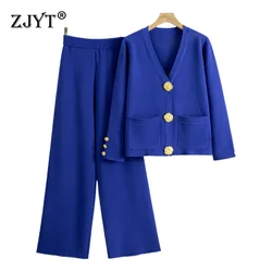 ZJYT Autumn Winter Knitted Suit V Neck Cardigan Sweater and Pants 2 Piece Matching Set Women 2024 Fashion Ladies Casual Outfit