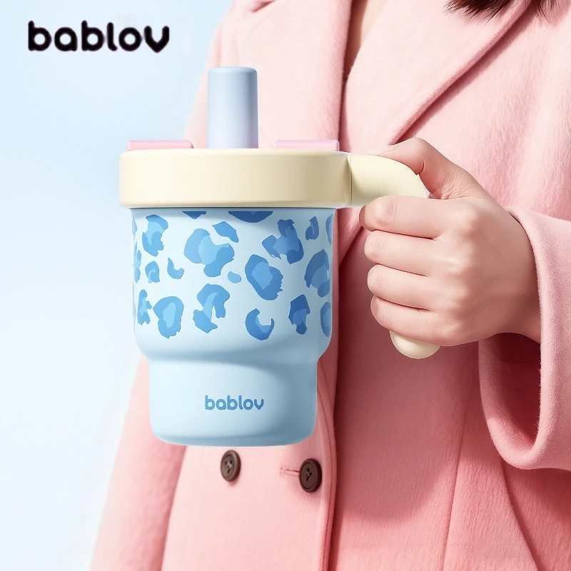 Bablov 610ml Insulated Mug 316 Stainless Steel Cute Straw Cup Desktop Coffee Cups Leopard Print Home Travel Tumbler Girl Gifts