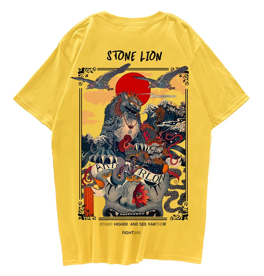 RHTLN Chinese Stone Lion Printed Streetwear T Shirts 2022 Mens Harajuku Hip Hop Casual Street Tees Male Cotton Tshirts Topss