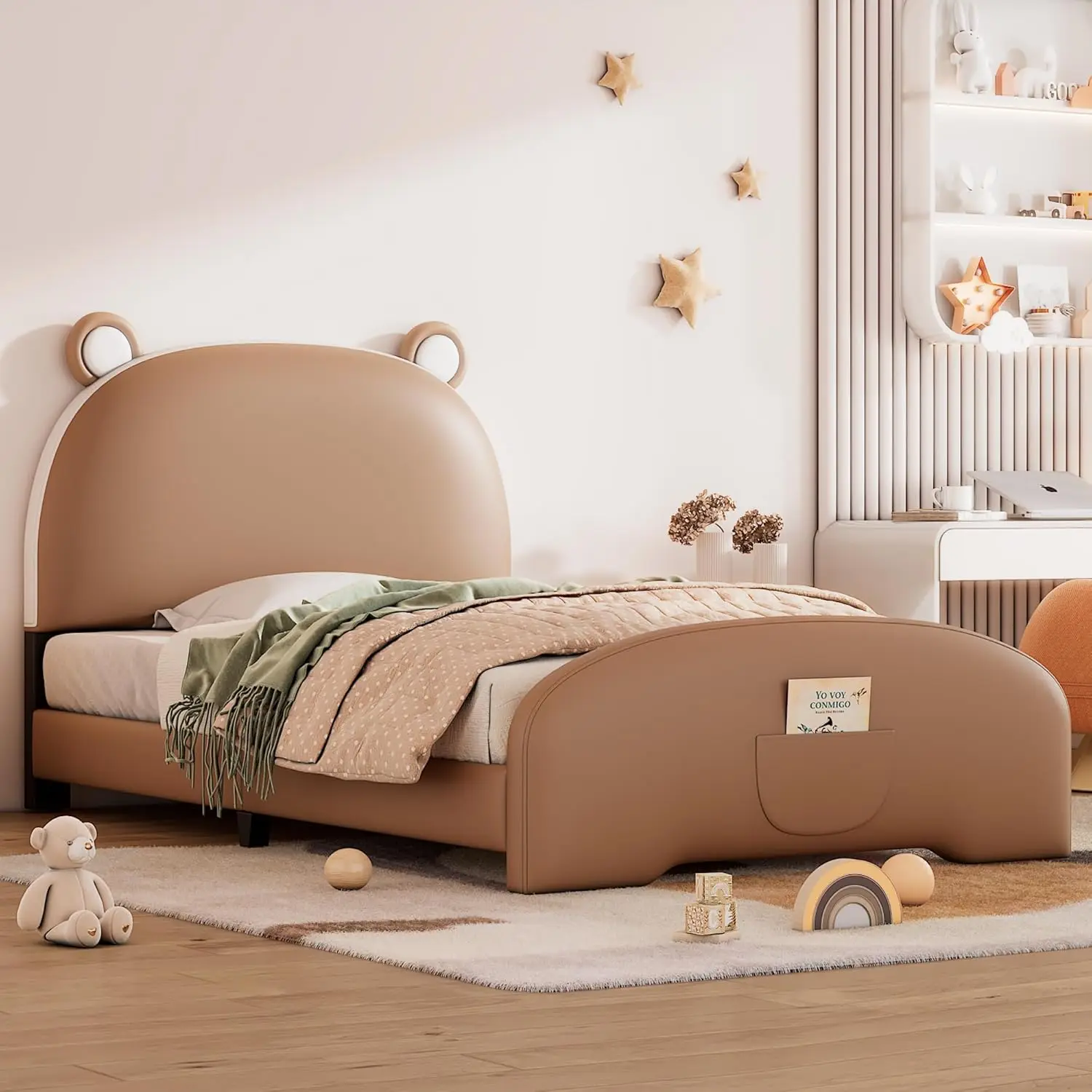 

Twin Kids Upholstered Bed Frame with Bear-Shaped Headboard, Fun Wood Platfrom Bed for Boys,Girls, No Box Spring Need