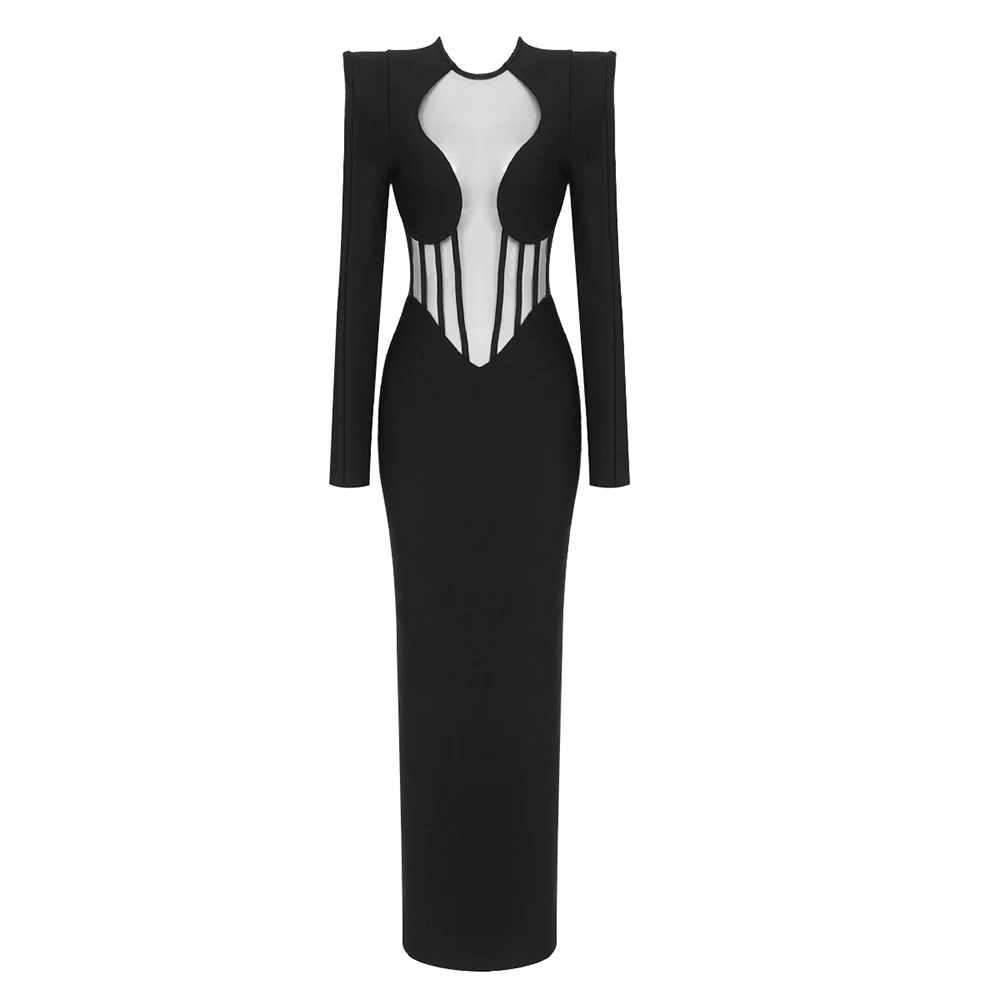 High Quality Black Color Women Long Sleeve O-Neck Bodycon Long Dress Bandage Celebrate Nightclub Party Photo Shoot Shoot Dress