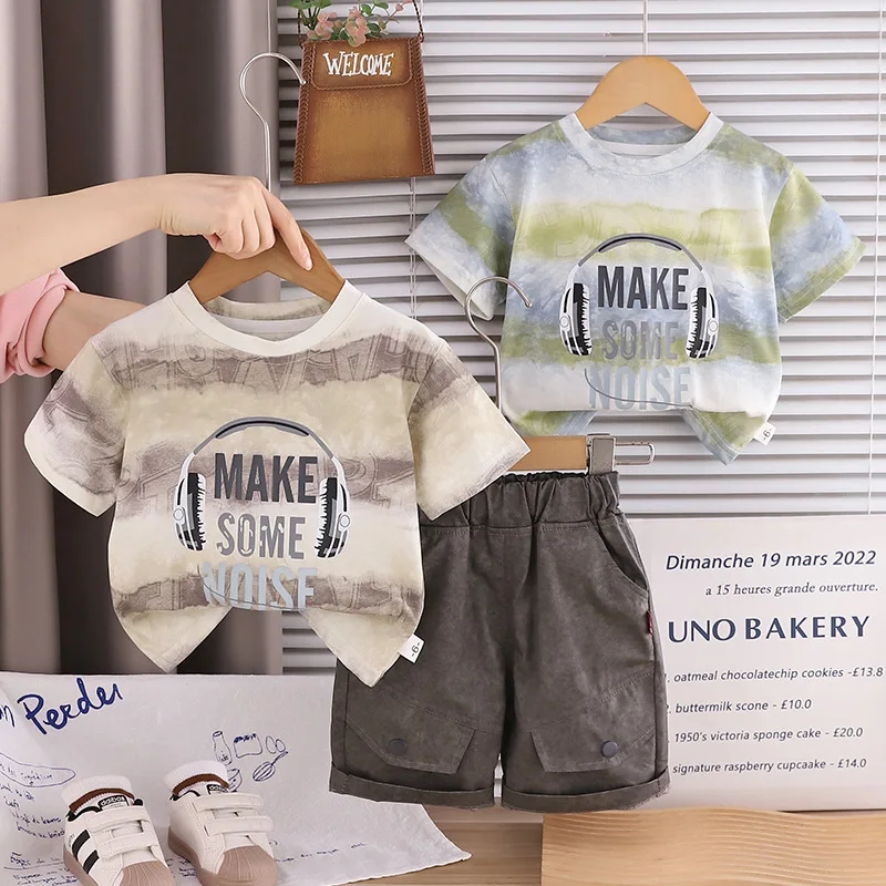 

Детский комплект летней одежды для мальчиков, милая одежда для маленьких мальчиков, полосатая футболка с узором для наушников для малышей и шорты, костюм из 2 предметов, От 1 до 5 лет