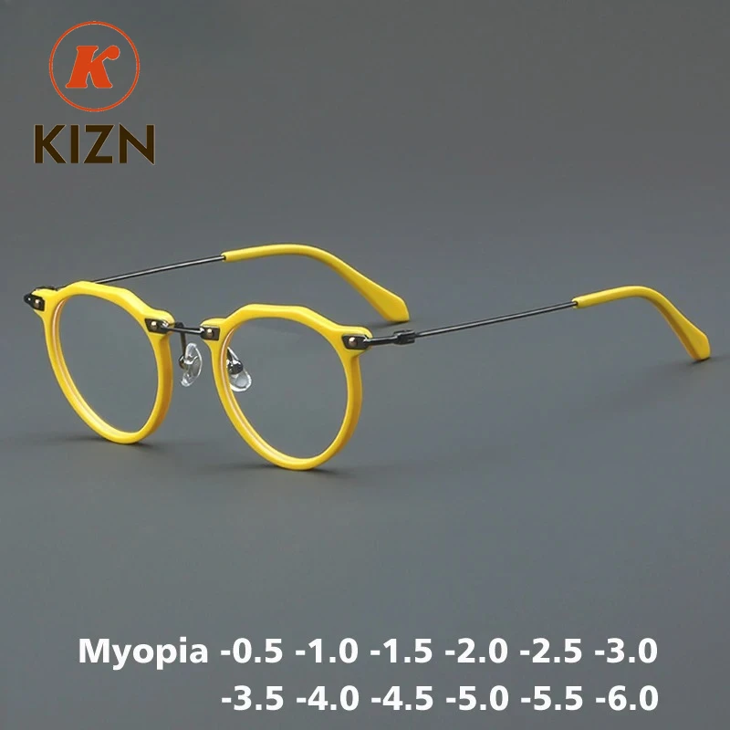 

KIZN Sports Vintage Acetate+Titanium Myopia Glasses Frame 2025 Luxury Men Prescription Optical Eyeglasses Women Retro -0.50 to