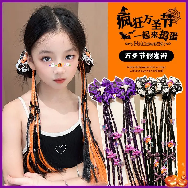 Children's Halloween Wig Braid with Cute Ghost Pumpkin Twist Braids Sweet Edgy Style for Girls Trick or Treat Party Hair Tie
