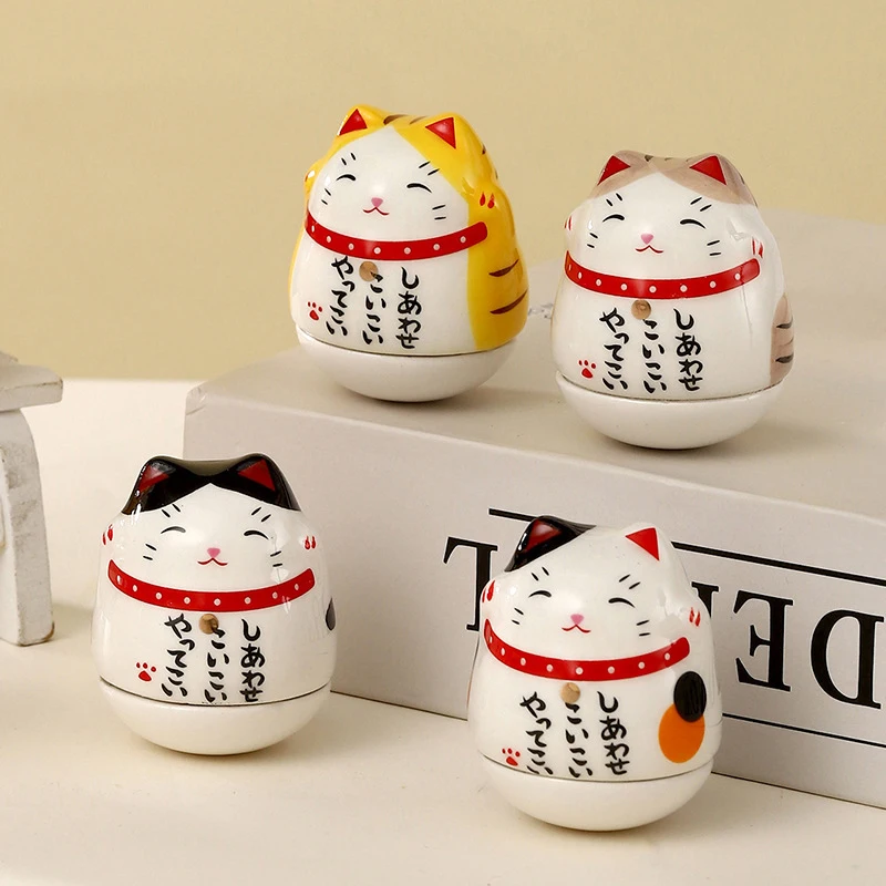 

Japanese Ceramic Lucky Cat Tumbler Daruma Crafts Cartoon Lucky Cat Ornaments Landscape Home Decor Fortune Cat Statue Figurines