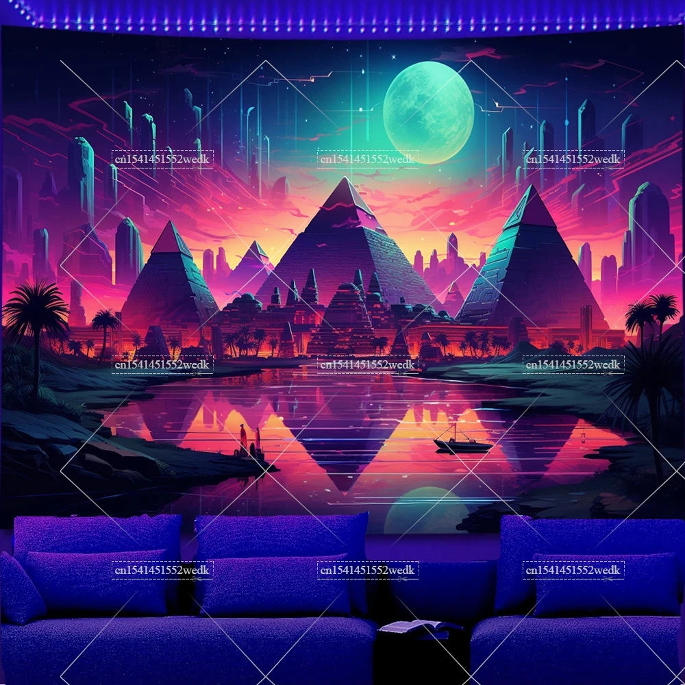 Pyramid Temple Egypt Atlantis Blacklight Tapestrys UV Reactive Mounatins Moon Luminous Tapestrys Neon Fluorescent Backdrops