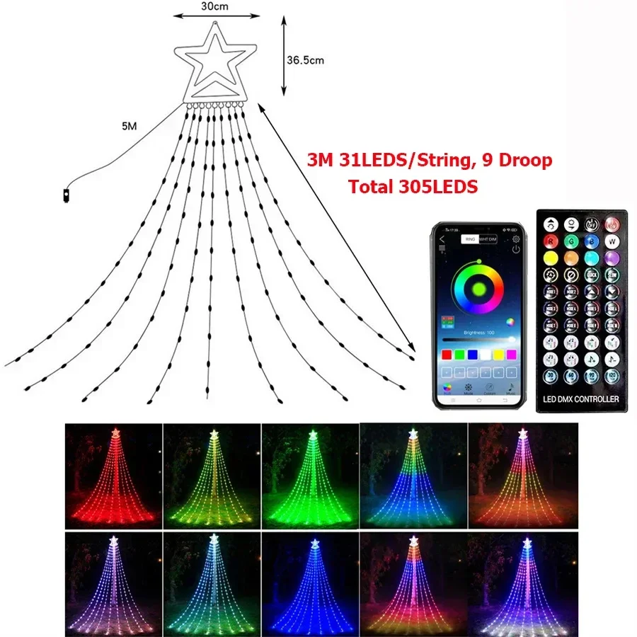 リモコン付きLEDスターライトストリップ,滝の形をしたハンギングランプ,クリスマスデコレーション,スマートアプリケーション,RGB, 305x3m