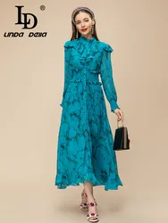 LD LINDA DELLA New Style Fashion Designer Dress Women's  Ruffled Elastic Waist Single-breasted Chiffon Print Draped Long Dress