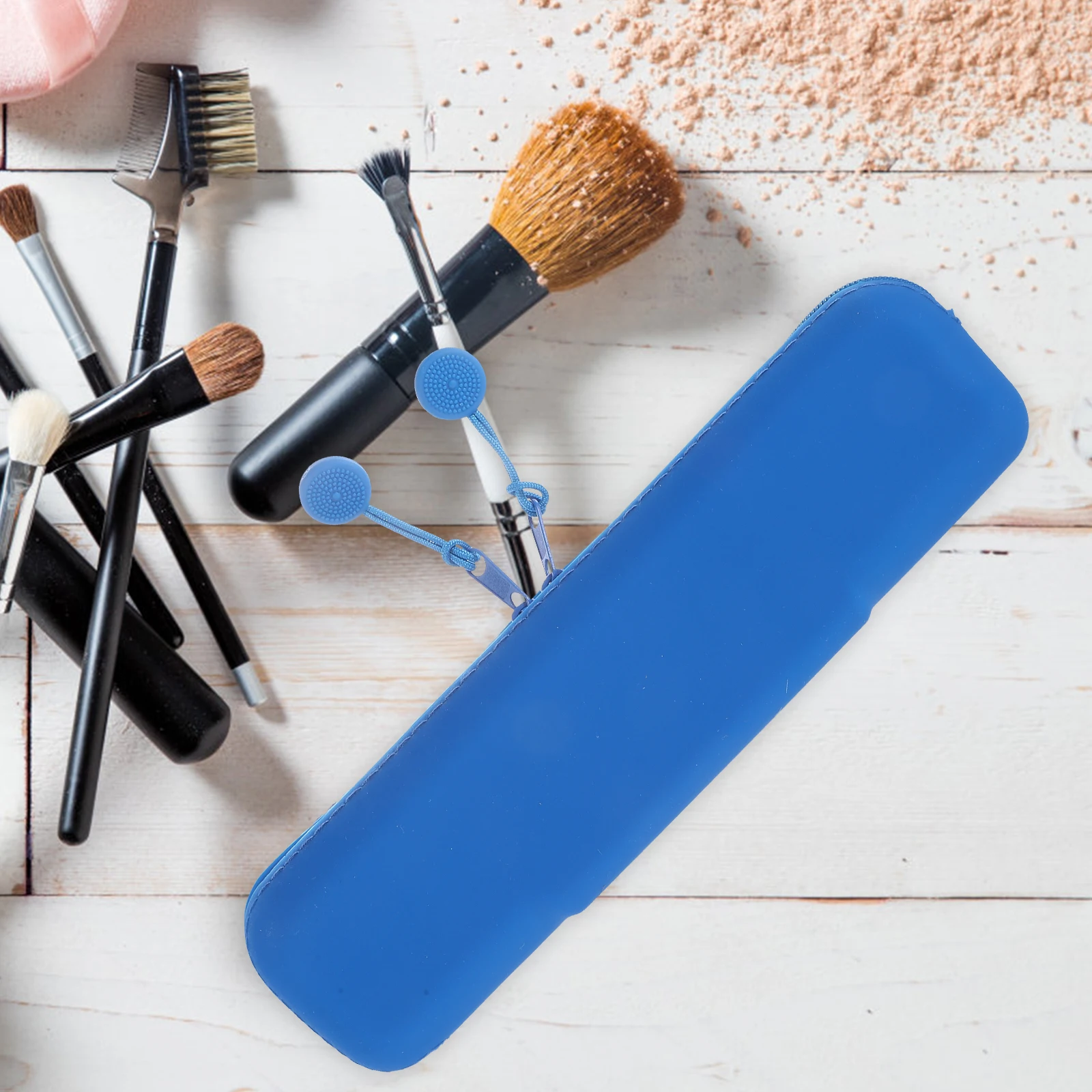 Supporto portatile Piccolo pennello per trucco in silicone blu Pennello con cerniera Custodia con cerniera per articoli da toilette da viaggio