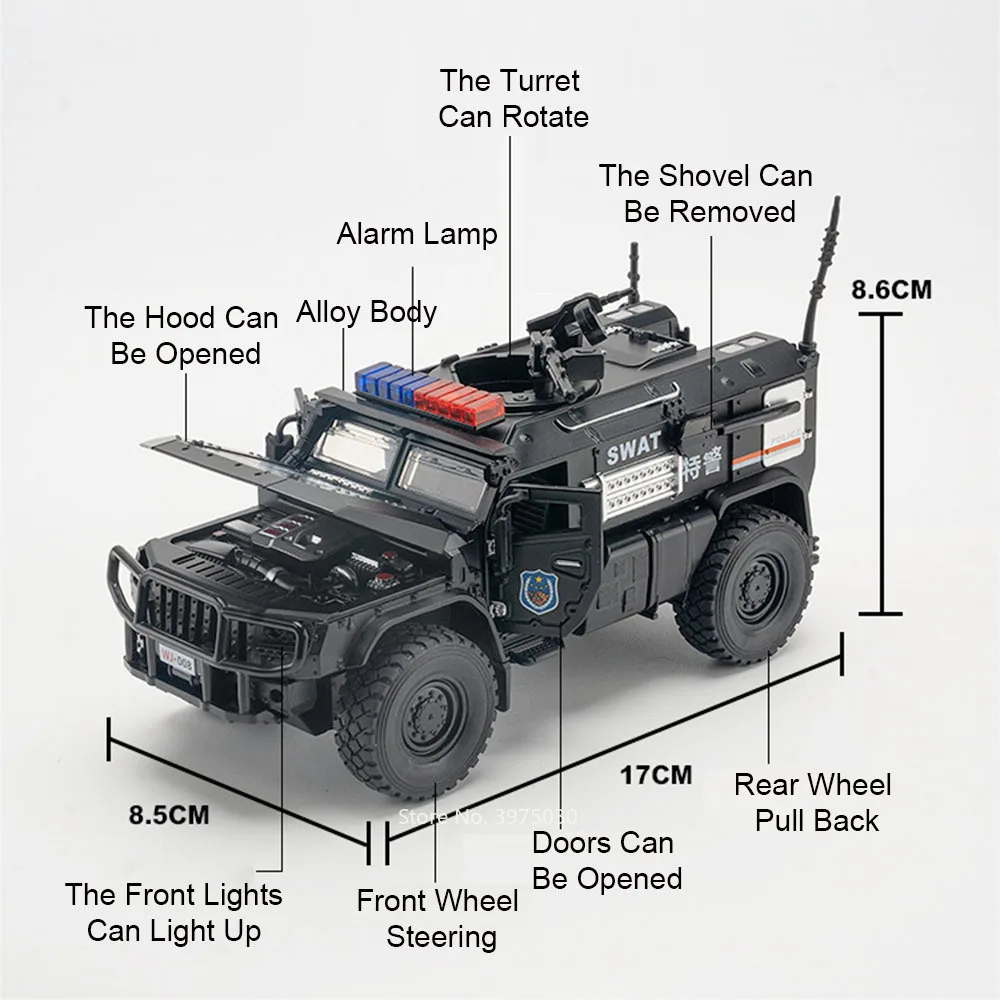 Voitures Blindées en Alliage Moulé Sous Pression, Modèles Miniatures, Jouets avec Lumière et Son, Véhicules de Police Armés, Dos Côtelé, SWAT, Cadeaux de Festival pour Enfants, 1:32