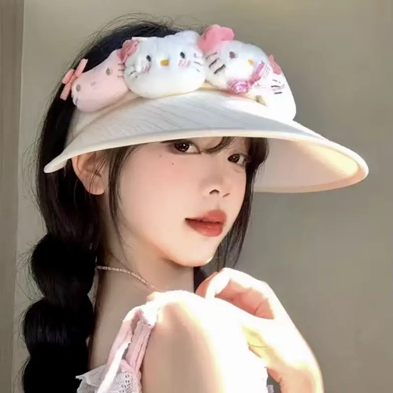 Sanrio Hello Kitty Cute Cat Doll Sunscreen Hat Summer Beach Sweet Y2k Girl Cap Trendy Versatile Korean Style Big Brimmed Sun Hat