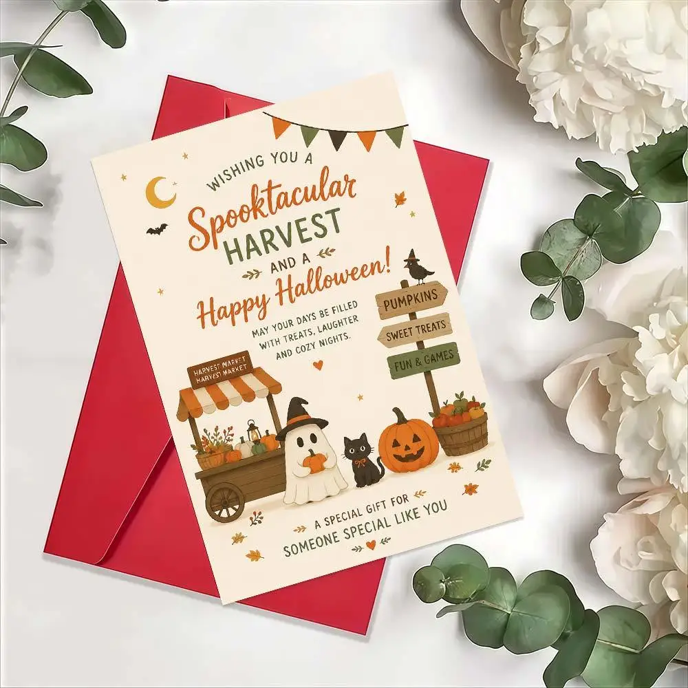 Cute Ghost Black Cat Halloween Greeting Card Retro Pumpkin Market Cart Crow Moon Maple Leaf Print Warm Fall Harvest Holiday Card