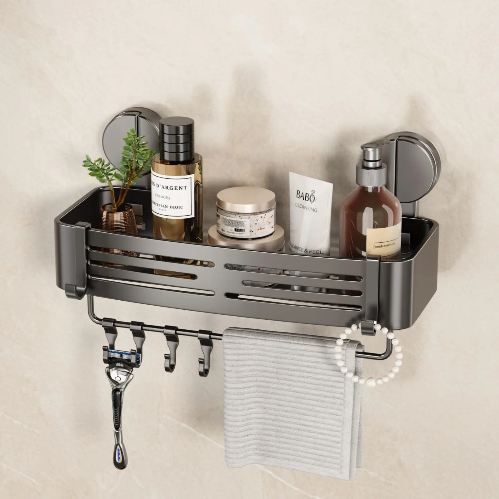 

Matte Gray Aluminum Shower Organizer With Suction Cups, No Drill Wall Mount Shelf, Integrated Towel Bar And Hooks For Shampoo