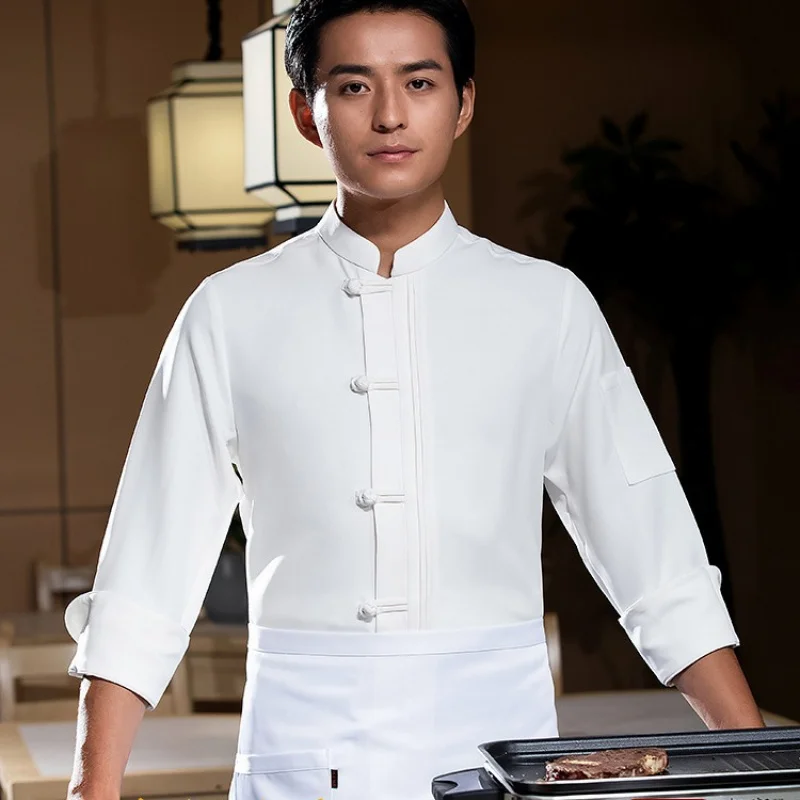 

Chef's uniform, long-sleeved, autumn and winter style, Chinese-style tea restaurant waiter catering workwear, linen, vintage Chi