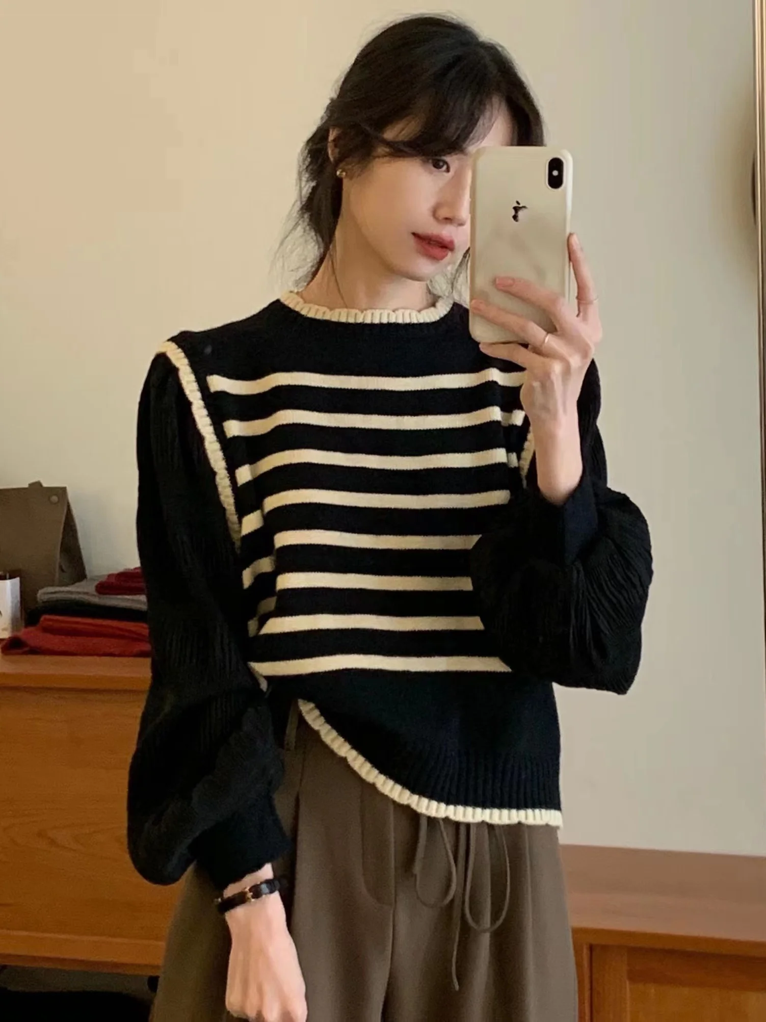 

Ele Striped Bubble Sve Sweater Women's Autumn Winter Long Sve Top Faionable Small Size Commute Sle Loose Fit