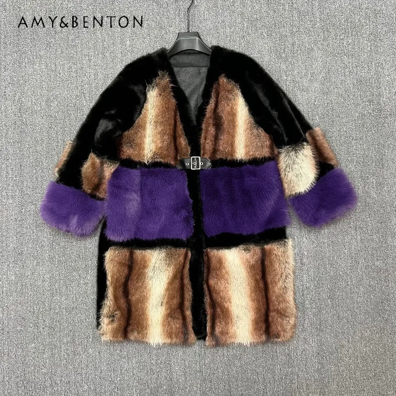 Warm Comfortable Long Thickened Faux Fur One-Piece Mink Furry Clothes Woolen Coat Winter Fashion Belt Button Jacket For Ladies