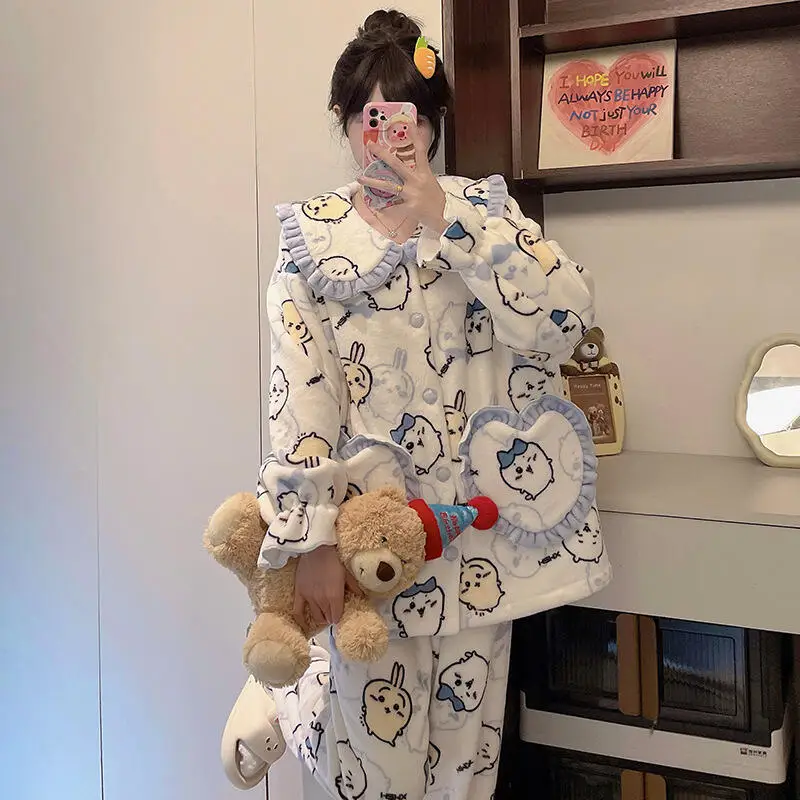 Студенческая плотная теплая одежда для сна Usagi Chiikawa, 2 предмета, осень-зима 2021, новинка Hachiware, милый комфортный комплект домашней одежды с героями мультфильмов аниме
