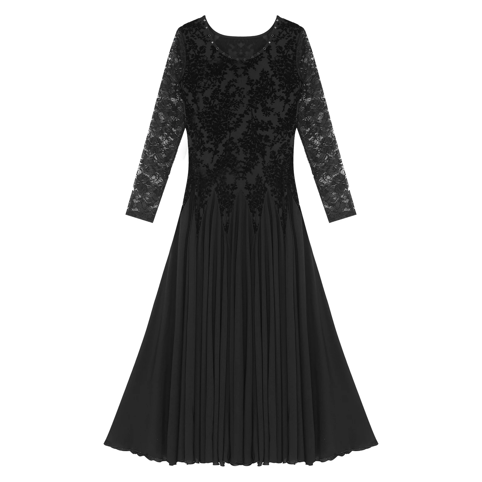 Womens Lace Patchwork Ballroom Dance Dresses Long Sleeve Dress for Waltz Cha-Cha Performance Competition