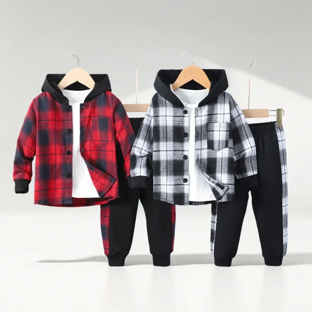 2pcs Boys Casual Creative Long Sleeve Plaid Hooded Jacket&Sweatpants Sets Kids Clothes Girls Clothes