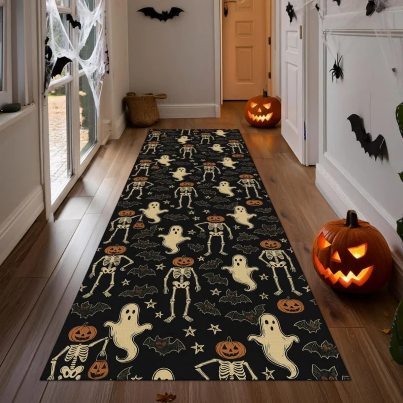 VIKAMA Halloween Skeleton Ghost Pumpkin Bat Runner Rug Non Slip Washable Hallway Entryway Floor Mat Farmhouse Home Decor