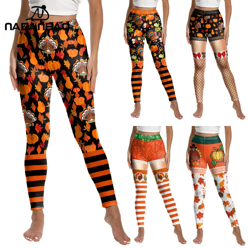 

Nadanbao Women Thanksgiving Party Leggings Sexy Slim Tights Pumpkin Turkey Striped Pants Gym Fitness Workout Trousers Y2K Cloth