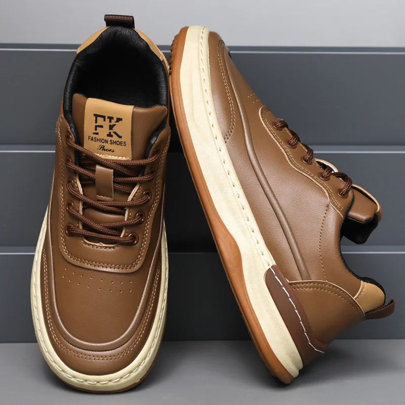 Men's Casual Shoes New Leather Shoes Versatile Thick-soled Sneakers for Man Breathable Soft-soled Laced Round-toed Work Shoes