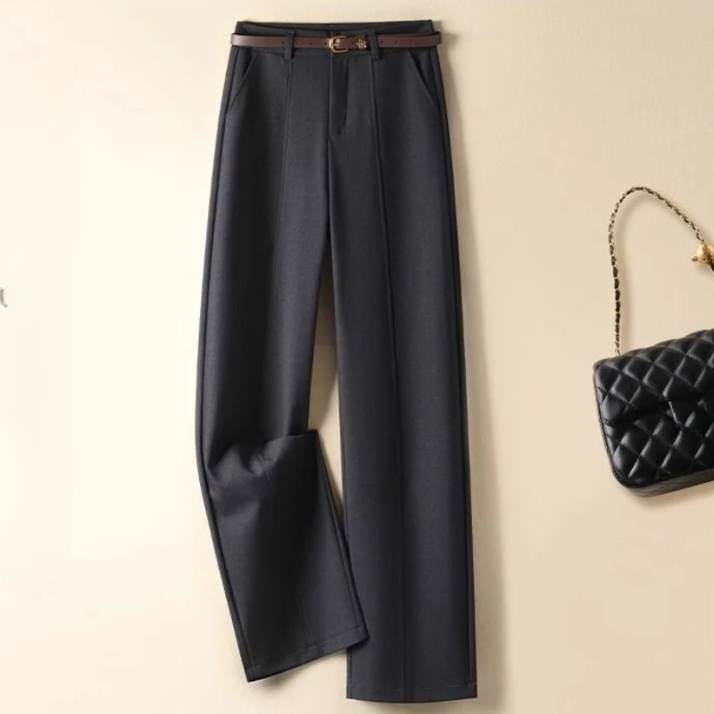Pantaloni a gamba dritta da donna 2025 Primavera Nuovi pantaloni da donna drappeggiati sottili a vita alta Nero Grigio Pantaloni a gamba larga di fascia alta da donna