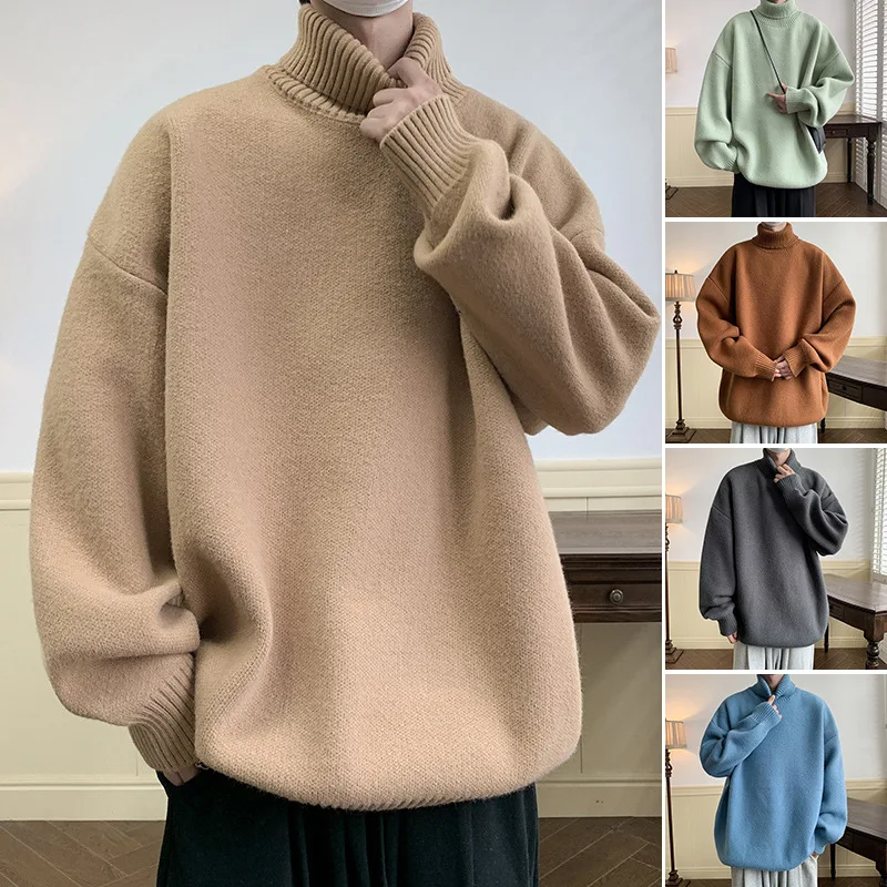 

Autumn Winter New Fashion Men's Solid Color Casual Trendy Simple Basic Long Sleeve Turtleneck Knitted Sweater Pullover Male Tops