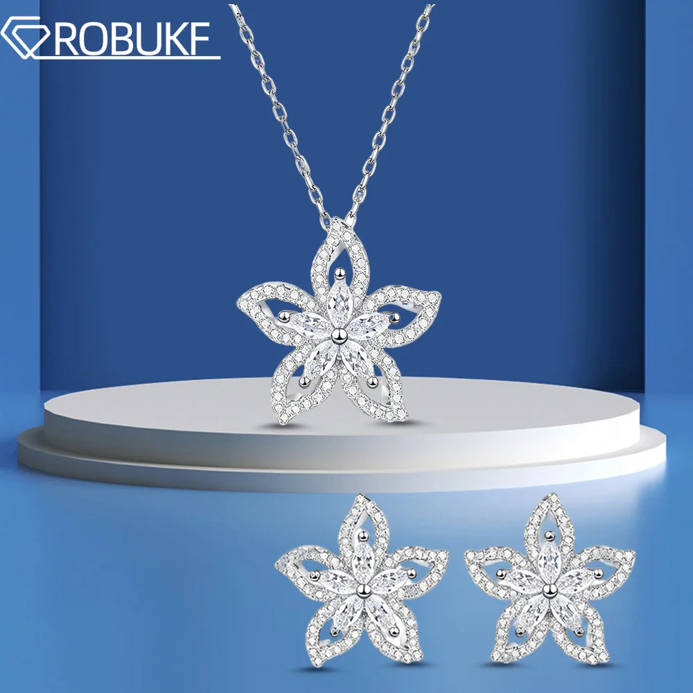 

Flower Full Moissanite Jewelry Sets for Women Marquise Round Cut Lab Dimaond S925 Silver Pendant Necklace Stud Earring Certified