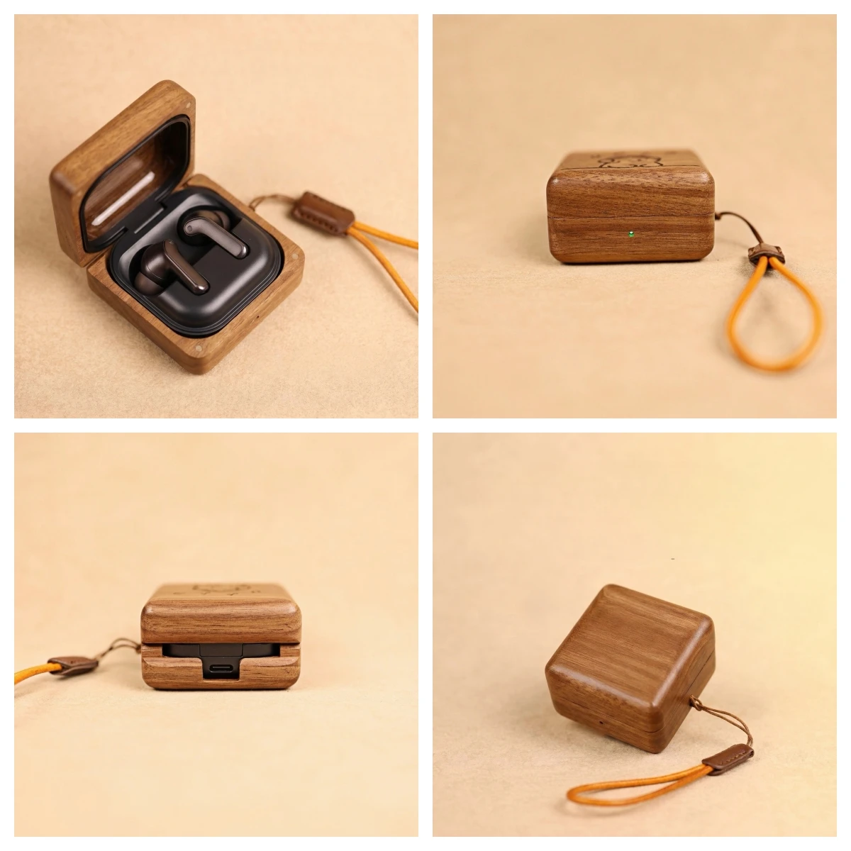Etui na słuchawki Samsung Galaxy Buds4 Pro / Buds4 z drewna orzechowego, solidna drewniana obudowa o dzielonym designie z paskiem na rękę. — zdjęcie produktu 6