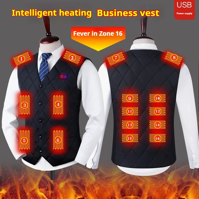 Men's 16-Zone Heated Vest Winter USB Electric Heating Waistcoat Intelligent Heating Business Vest Outdoor Warm Thermal Clothing