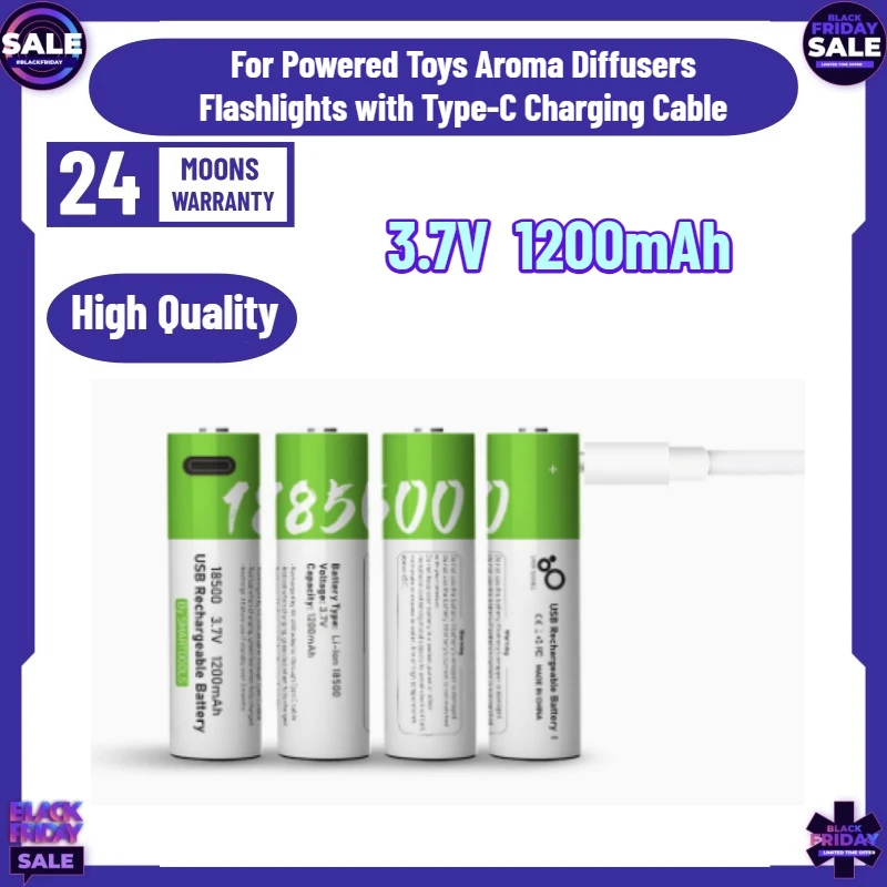 2PCS/4PCS 3.7V 1200mAh 18500 Lithium Battery for Powered Toys Aroma Diffusers Flashlights with Type-C Charging Cable